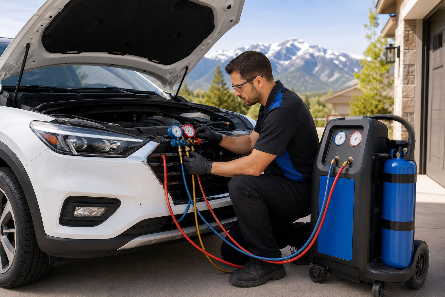 Mobile technician diagnosing a vehicle air-conditioning system