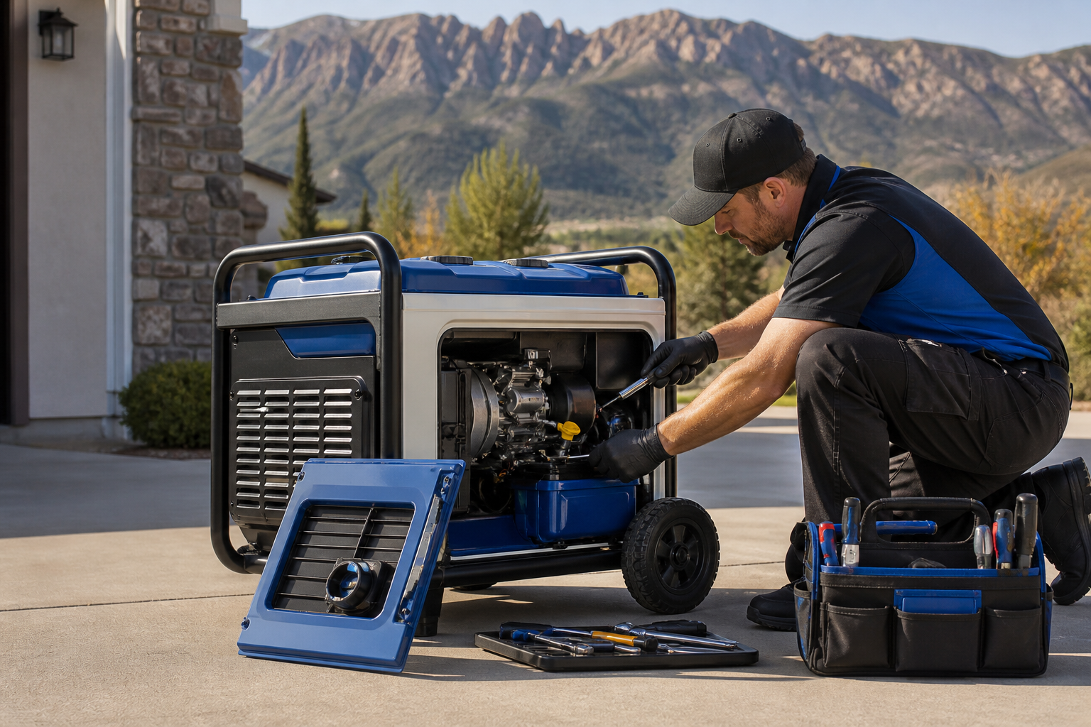 Mobile technician repairing a portable backup generator