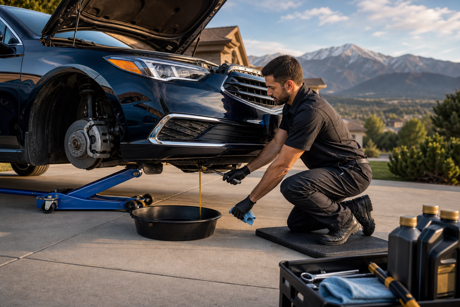Mobile mechanic performing an oil change in a driveway